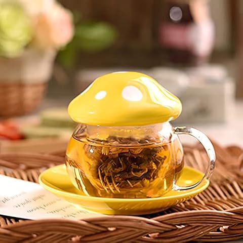 MuiSci Glass Tea Mug Cute Mushroom Teapot Milk Glass Coffee Tea Cup Mugs with Strainer Filter Infuser Heat-resistant Cover