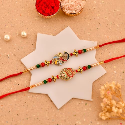 Image of CraftVatika Kundan Rakhi Set for Brother Set of 2, Designer Peacock Rakhi for Brother Boy Men, Premium Kalash Raki for Bhaiya, Traditional Rakshabandhan Rakhis with Best Wishes Card and Tillak Set