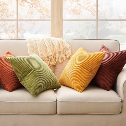 Image of Topfinel Fall 20x20 Set of 4 Couch Decorative Pillow Covers,Modern Burnt Orange Yellow Green Gradient Corduroy Throws Pillow Case,Rustic Western Cushion Covers for Bed Sofa Living Room Home Decor