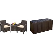 Greesum 3 Pieces Patio Furniture PE Rattan Wicker Chair Conversation Set, Brown and Beige & Keter Marvel Plus 71 Gallon Resin Deck Box-Organization and Storage