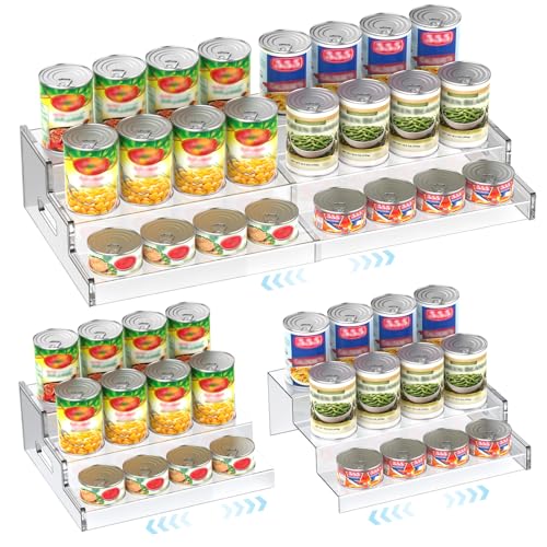 Yecuip Expandable Can Rack Organizer for Pantry, 3-Tier Adjustable Acrylic Can Storage Holder, Holds Up to 24 Cans, Canned Food Organizer for Cabinet, Countertop, Kitchen