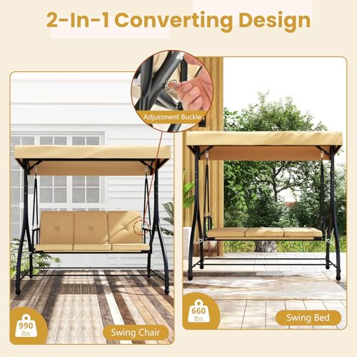 Image of HAPPYGRILL 3 Seat Outdoor Porch Swing, 2-in-1 Swing Glider with Adjustable Canopy, Removable Cushions, Foot Pad, Curved handrails, Outdoor Swing for Patio Yard Garden Balcony Backyard