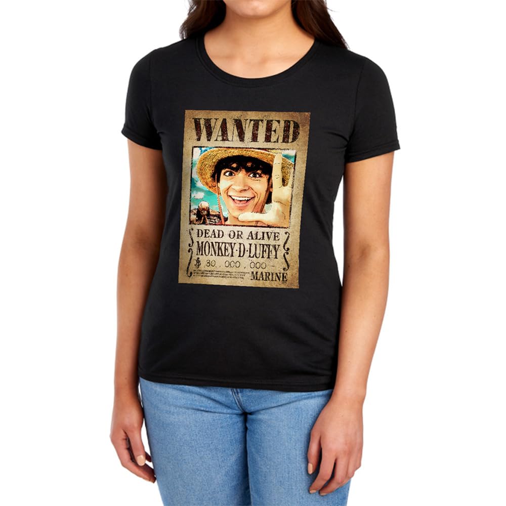 One Piece Luffy Pirate Wanted Poster Womens T-Shirt, Black, XL
