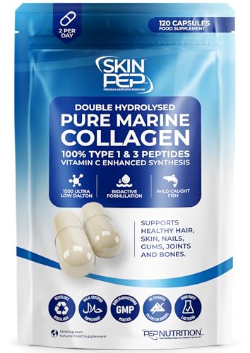 100% Pure Marine Collagen (120 Capsules) - 1270mg (Not Collagen Powder) - 2 Months Supply - Collagen Supplements for Women & Men Premium Double Hydrolysed Triple Filtered Type 1&3 Peptides by SkinPep