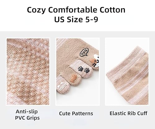 Image of 5-Pairs Slipper Toe Socks Non-Slip Cute Cartoon Yoga Socks for Women with Grips for Pilates Ballet Dance