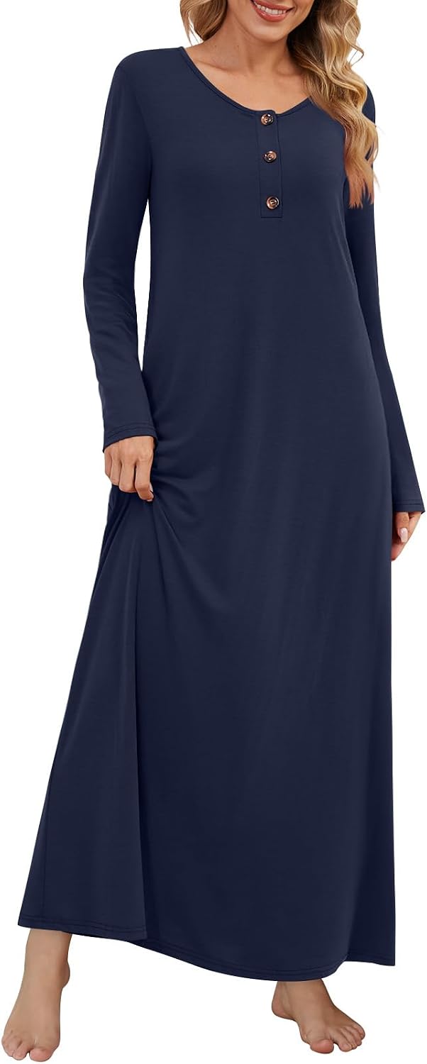 DouBCQ Nightgowns for Women Long Sleeve Button House Dress Soft Full Length Sleepwear with Pockets