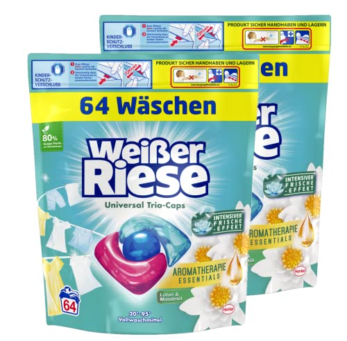 Weißer Riese Universal Trio-Caps Aromatherapie Essentials, 128 (2 x 64) Wäschen, Waschmittel mit Lotus & Mandelöl, Vollwaschmittel mit ätherischen Ölen und intensivem Frische-Effekt Cover