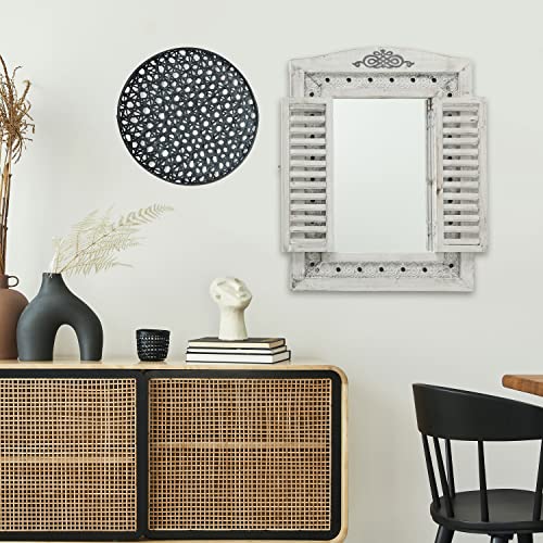 Whw Whole House Worlds Americana Rustic Farmhouse Mirror With Shutters, Vintage Gray, Distressed Metal Border Of Braided Flowers, Sustainable Wood, Glass And Metal, 21 3/4 X 1 1/4 X 28 3/4 Inches #TOP4