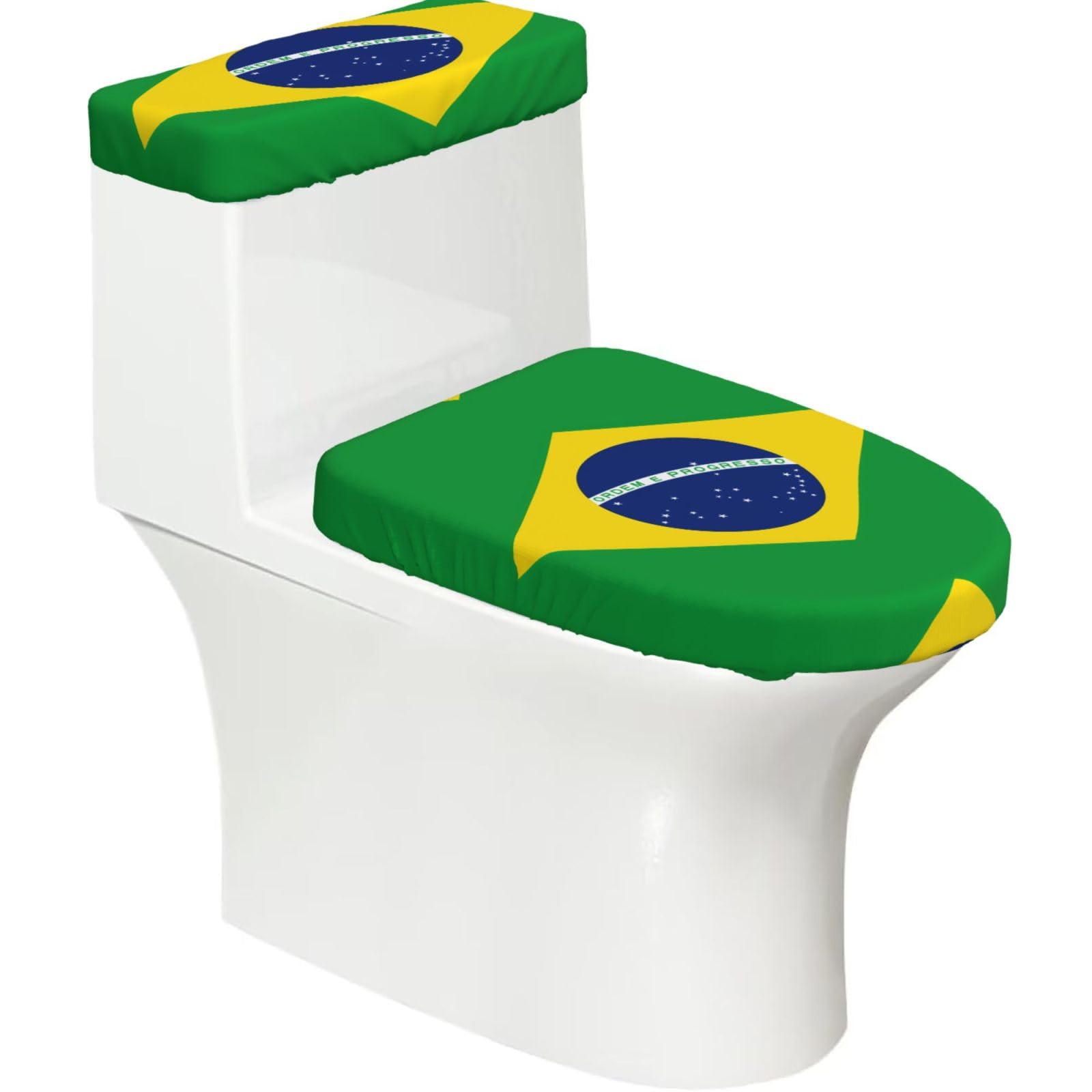 Brazilian Flag Elastic Toilet Cover Set of 2-Stretchy Lid and Tank Covers for Bathroom, Soft Washable U Shape Toilet Decor