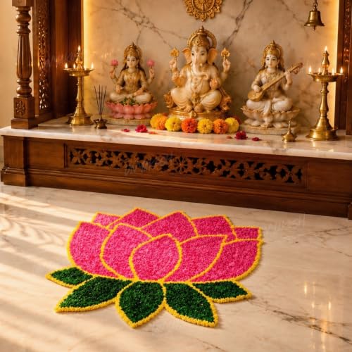 Image of Divyakosh Lotus Floor Mat 2 ft x 2 ft Artificial Grass Decorative Entrance Mat, Pink Lotus Rangoli for Home Entrance Temple Pooja Room Diwali Decoration Reusable Festival Decor