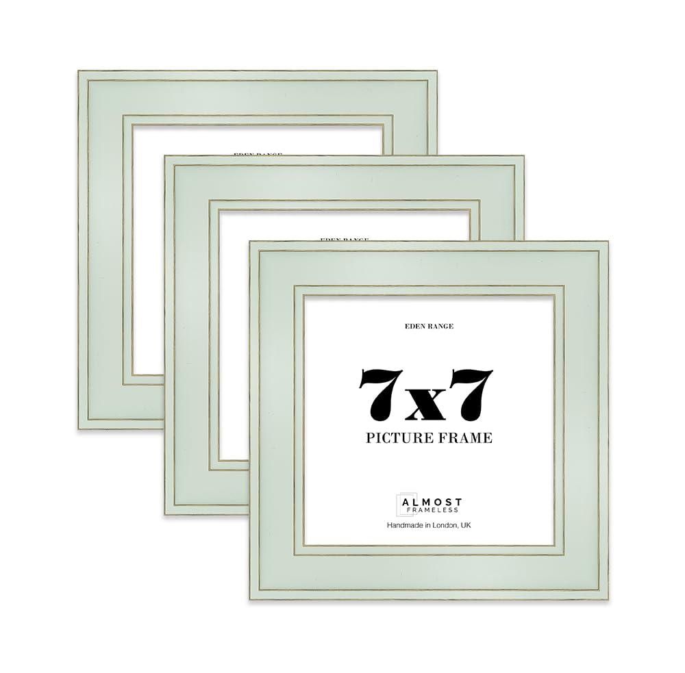 7x7 Sage Green Picture Frame - Shabby Chic Photo Frame with Distressed Finish, Gold Trim, Wall Hooks and Kickstand, 37mm Edge - 3 Pack