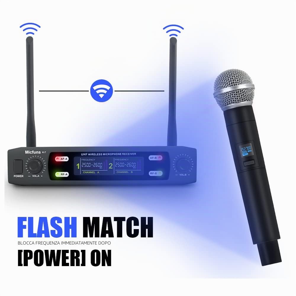 K7 - Kit microfono professionale senza fili 2 portatile VHF 230-250 MHz 100 m per karaoke, feste, lingua