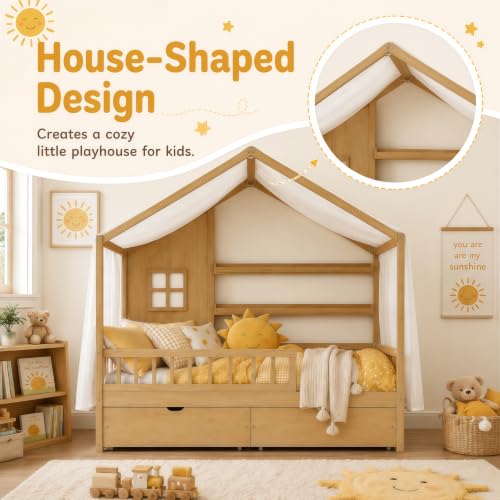 Image of Bellemave Full House BedFrame with Canopy and Storage Drawers, Montessori Bed, House Bed with Rails for Kids, Natural