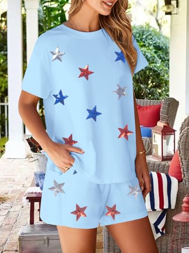 Image of VILOVE 4th of July 2 Piece Sequin Outfits Women 250 Anniversary Usa Shirts and Short Sets Casual Patriotic Shirt Summer Set