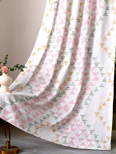 Image of Tranquebar Curtain Co. Window Curtains 5 Feet, 60-65% Room Darkening,Green-Pink Geometric Print, Cotton Curtains for Window, Cotton Curtains 5 Feet Long Set of 2,BackTab Loops,Aztec (152 cm)- Set of 2