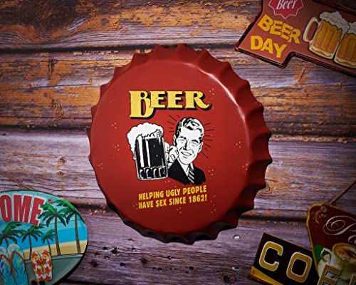 Image of EAZYWAGON Decorative Metal Bottle Caps Wall Sign Plates - 14X14 Inches - Beer-Helping | Metal Wall Hanging Bottle Cap for Home, Farmhouse, Bar & Cafe Decoration | Vintage & Retro Look Plaques