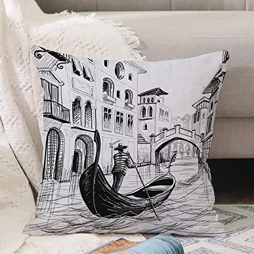 Housses de Coussin, Taie d'oreiller Décoratif en Polyester,Sketchy Gondola à Venise Canal européen célèbre Hi,Vec Fermeture Glissière Invisible, Housses de Coussin pour Canapé Chaise de Salon 45x45 cm