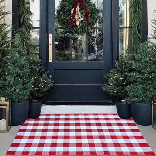 Red and White Plaid Rug Christmas Outdoor Front Door Mat Cotton Hand-Woven Washable Rug for Layered Door Mats Carpet for Farmhouse Porch Entryway Living Room(Red and White 27.543.3)