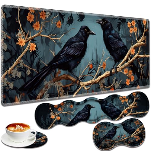 Large Gaming Mouse Pad + Keyboard Wrist Rest + Wrist Support + Coaster Set, Memory Foam Ergonomic for Easy Typing, XXL Extended Gaming Mouse Pad Table Pad - Branch Crow