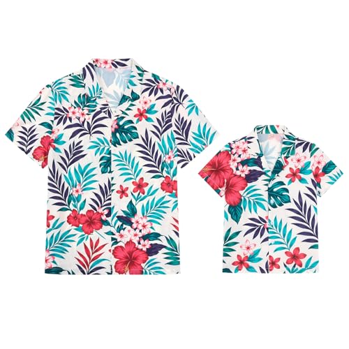 Image of AWIBMK Hawaiian Family Matching Outfits Mother Daughter Tropical Dresses Father Son Shirts for Beach Vacation Luau Party