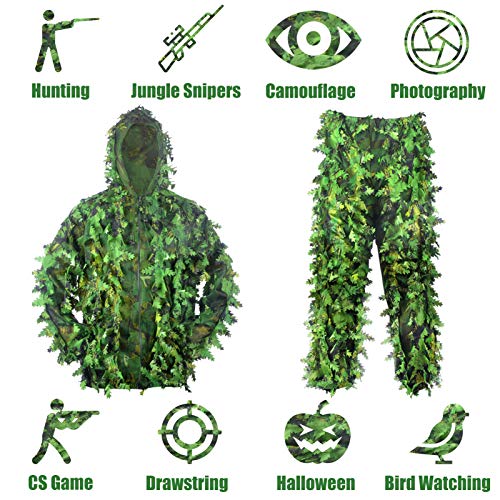 3D Leaf Ghillie Suit Ghillie Jackets and Pants Camouflage Clothing Hooded Hunting Suits for Children Youth Adult Airsoft Paintball Shooting Airsoft Wildlife Photography Halloween (Medium, Green)