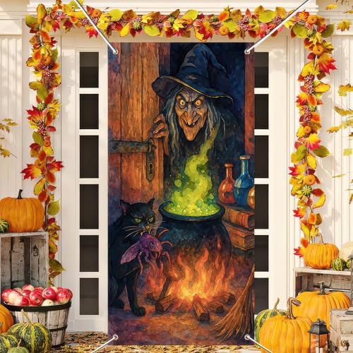 Image of BlissYard Halloween Dark Black Green Door Cover 35x71 Inch Polyester | Entry Banner, Wall Backdrop | Dark Black Door Decor, Party Scene | Porch, Hallway, Photo Area (Haunted House)