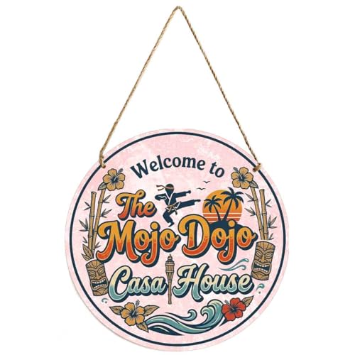 Funny Mojo Dojo Casa House Welcome Sign - 12 Inch Round Wooden Door Hanger - Pink & Black Western Style Home Decor - Hilarious Movie Quote Wall Plaque - Housewarming Gift for Cinema Fans Bachelor Pad Dorm Decor