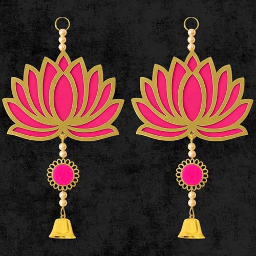 Image of ARLICORPING Wooden Lotus Wall Hanging for Festive Decoration - Diwali, Ganpati, Pooja Room, Mandir, Living Room, Door, Hall, Entrance, Spiritual Decor (Lotus + Bell-Pink, Pack of 2)