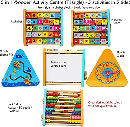 Image of Toyshine 5 in 1 Wooden Activity Centre Triangle Toy | Alphabet, Blocks, Abacus, Clock, Writing | Toys for Babies Montessori Learning Toy for 1-5 Year Old - B