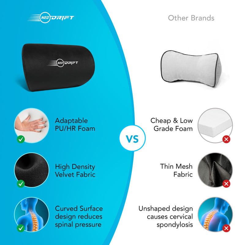 Image of Neodrift 'CurveNeck' - Neck Rest Cushion Orthopedic Velvet Memory Foam Pillow for Neck, Head, Shoulder Support - Pain Relief for Car, Set of 2 (Colour-Black+Silver)