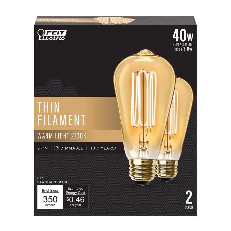 Feit Electric ST19 Vintage Edison LED Light Bulb, 40W Equivalent, Dimmable, 2100 Warm Light, E26 Base, Amber Glass Thin Filament Lighting Bulbs, 15,000-Hour Lifetime, ST1940/VG/TFIL/2, 2 Pack