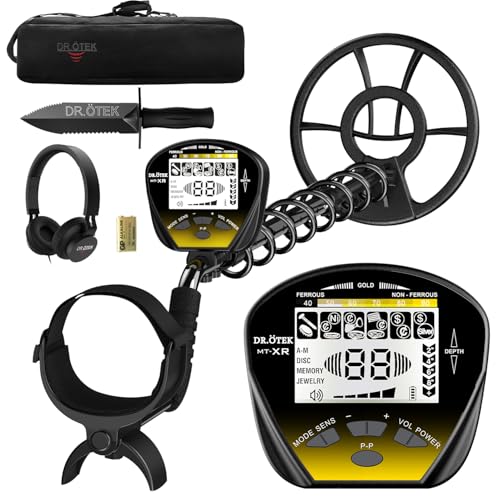 DR.ÖTEK Metalldetektor Set für Erwachsene, Leicht Metallsuchgerät Detektor Profi mit Pinpoint Modus & Exklusiver Speichermodus, wasserdichte Spule, LCD Display, Neur Fortschrittlicher DSP-Chip, Gelb