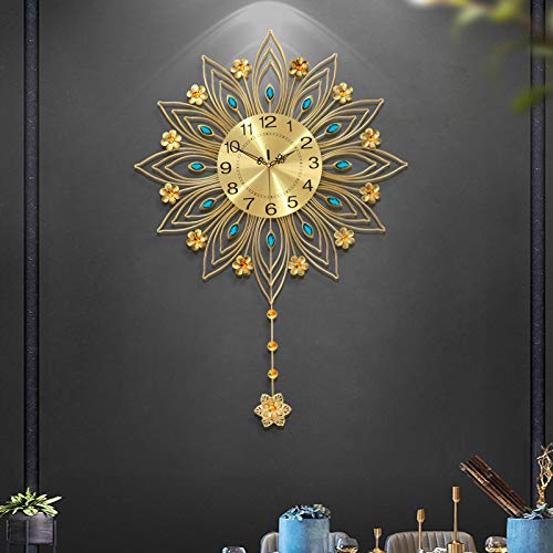 FLEBLE Large Wall Clocks for Living Room Decor Silent Pendulum Wall Clocks Battery Operated Non-Ticking for Bedroom Kitchen Gold Metal Crystal Decorative Wall Watch Clock Quartz for Home Office Indoor