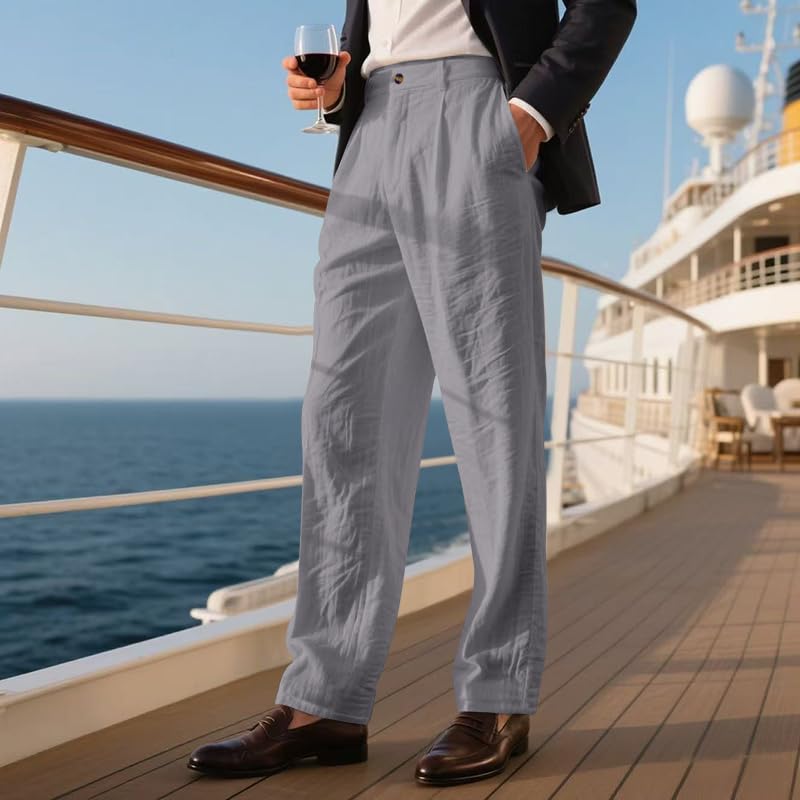 Men Spring/Summer Solid Color Casual Linen Pants with Button Down Loose Straight Leg Business Work Pants3