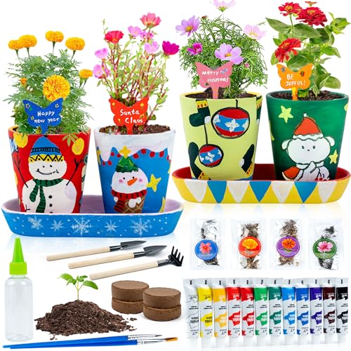 Image of RGBDOT Kids Gardening Set Paint and Plant Stoneware Flower Gardening Kit with 4 Pots Arts and Crafts for Kids Ages 8-12 Best Children’s Day Gift for Girls Boys Ages 5 6 7 8 9 10