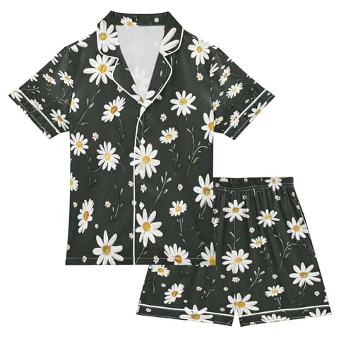 senya Pajama Sets Silky Button Down Nightwear Sleepwear Size 5-14 Years Cute White Daisies