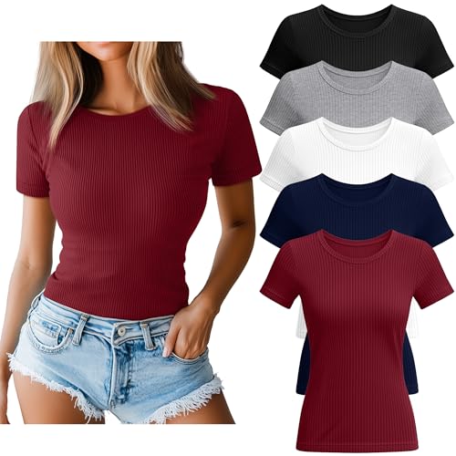 Huukeay 5 Pack Women's Ribbed Cotton Tops Short Sleeve Fitted Slim T-Shirts Crew Neck Casual Basic Summer Tight Tees