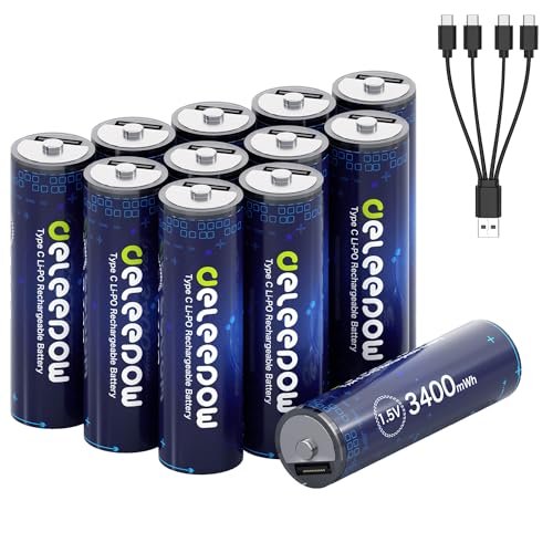 Deleepow Rechargeable AA Batteries USB 1.5V AA Lithium Rechargeable Batteries, 3400mWh 12 Pack of Lithium AA Battery with USB Cable 1500 Cycle