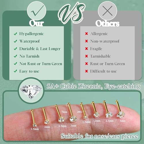 Jstyle Hypoallergenic Nose Rings 18G 20G Surgical Stainless Steel Nose Rings Studs Cubic Zirconia Nose Ring Labret Nose Piercing Jewelry for Women Men 1.5mm 2mm 2.5mm 3mm2