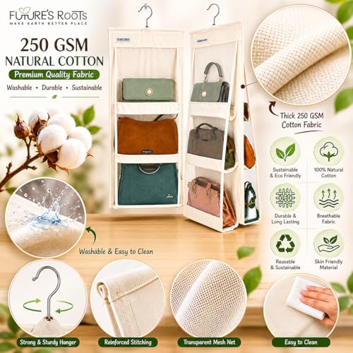Image of FUTURE'S ROOTS Cotton Purse Organizer for Wardrobe with 6 Transparent Mesh Pockets | Hanging Handbag Storage Holder with 360 Rotating Hanger & Label Slip Pocket, Washable Closet Organizer(Set of 1)