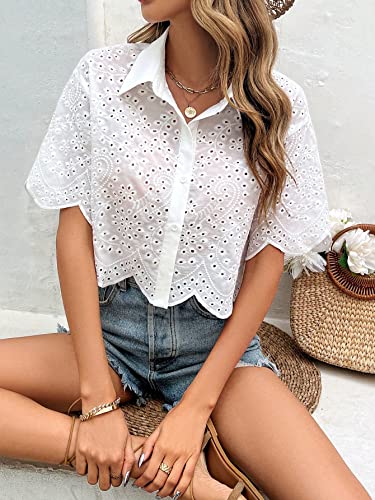 SweatyRocks Women's Short Sleeve Button Down Eyelet Crochet Shirt Asymmetrical Hem Crop Top Blouse3