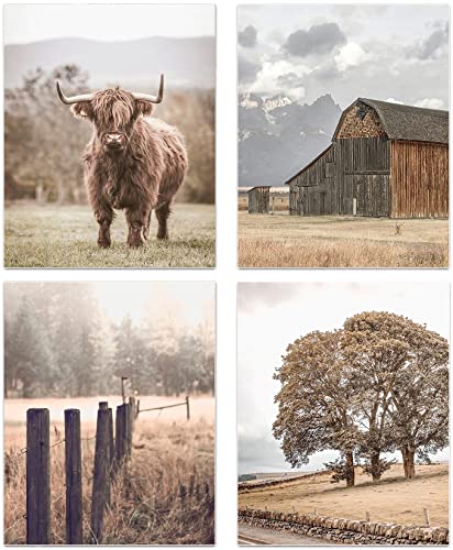 Image of RUIYAN Farmhouse Landscape Wall Art, Highland Cow Decorations, Western Country Photography Canvas Art Prints for Living Room Bedroom Decor, Fall Forest Nature Prints, Set of 4(8''x10'', Unframed)