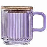 Lysenn Glass Coffee Mug with Lid - Premium Classical Vertical Stripes Glass Tea Cup - for Latte, Tea, Chocolate, Juice, Water - Lead-Free - Bamboo Lid - Amethyst Purple