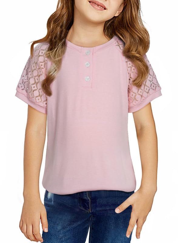Image of DOKOTOO KIDS Girls Fashion Lace Short Sleeve Shirts Casual Button Crewneck Blouses Tops 6-15 Years