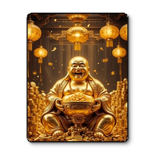 Image of SAF Golden Laughing Buddha Wall Art | Wealth Money Gold Coin Blessing Painting in Black Frame Sparkle Lamination | Feng Shui Vastu Decor for Office Business Success (14 Inch x 11 Inch) K-36116