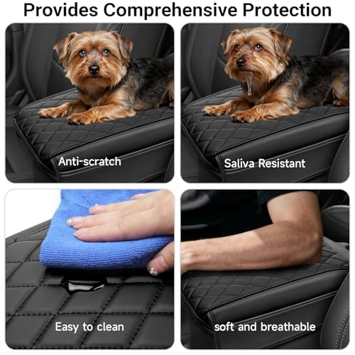 Image of Center Console Armrest Cover Compatible with 2018-2025 2026 Jeep Wrangler JL JLU 2020-2025 2026 Jeep Gladiator JT Accessories Black Leather Arm Rest Lid Protector with Storage Pockets