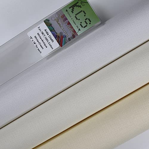 Image of KCS 3 pc of 15 inch x 18 inch Counted Cross Stitch Cotton Aida Cloth Needlework Fabric,18CT,White+Antique White+Cream