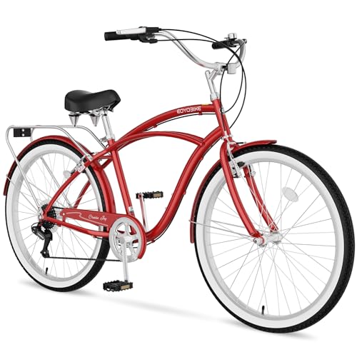 MOONCOOL Beach Cruiser Bike for Women and Men, 24/26 Inch 7-Speed Adult Bicycle, Comfortable Step-Through Frame with Rear Rack, Classic City Cruiser