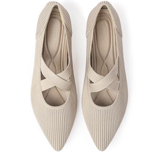 Image of TINGRISE Womens Mary Jane Flats Knit Ballet Flats for Women Pointed Toe Dressy Comfortable Slip-On Flats Shoes for Work Casual