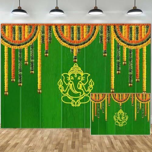 Image of 7x5FT India Pooja Traditional Backdrop, Marigold Green Banana Leaf Chatiya Ganesh Traditional Festival Photography Background Puja Ganpati Wedding Party Decoration Photo Props